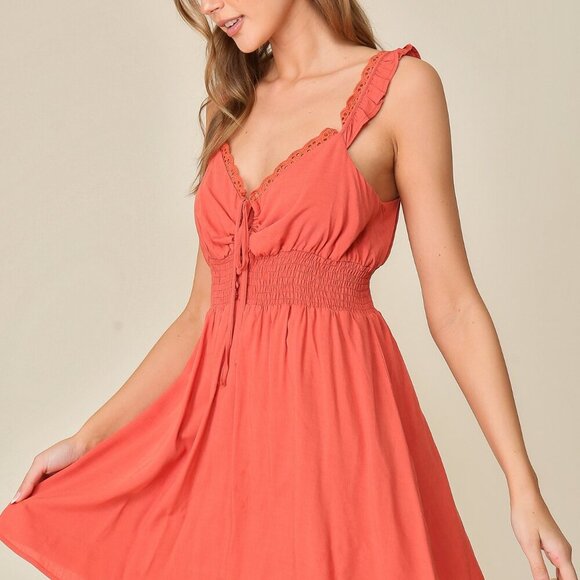 LUMIERE Terracotta Smocked Waist Mini Dress with Ruffle Straps, Summer Sundress - Picture 3 of 5